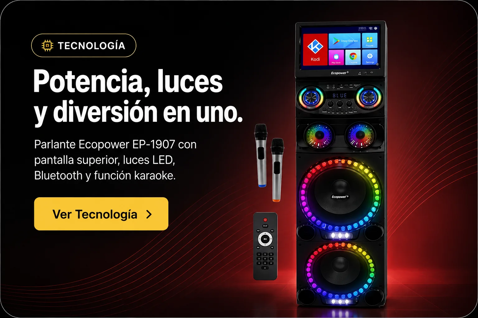 Parlante Ecopower EP-1907 con pantalla, luces LED y karaoke